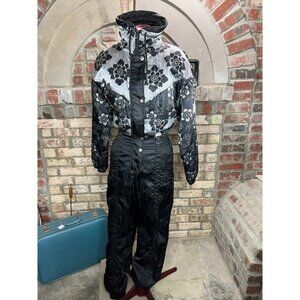 Ski Suit 1980s vintage snow suit black gray floral